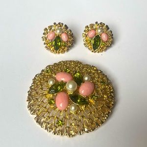 Vintage pink, green and gold brooch and earring set